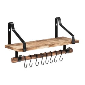 Floating Shelf Wall Shelf Rustic Wood Kitchen Spice Rack with Towel Bar and 8 Removable Hooks for Organize Cooking Utensils or Mugs