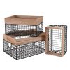 Wooden Top Wire Storage Baskets (Set of 3)Organizer with Built-in Handles for Kitchen Laundry Nursery