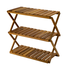 BEEFURNI Acacia 3 Tiers Wooden Plants Stand Foldable Shoe Rack Multipurpose Shelf Perfect Idea For Living Room, Bedroom, Hallway, Bathroom Natural Col