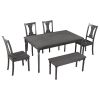 Classic Dining Set Wooden Table and 4 Chairs with Bench for Kitchen Dining Room, Gray (Set of 6)