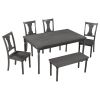 Classic Dining Set Wooden Table and 4 Chairs with Bench for Kitchen Dining Room, Gray (Set of 6)