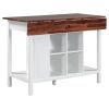 Farmhouse Stationary Wood Dining Table Drop Leaf Kitchen Island with Storage Shelves, Dark Walnut+White