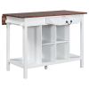 Farmhouse Stationary Wood Dining Table Drop Leaf Kitchen Island with Storage Shelves, Dark Walnut+White