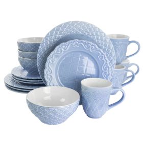 Gibson Home Quilted Eyelet 16 Piece Round Fine Ceramic Dinnerware Set in Blue