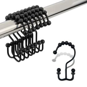 Double Shower Curtain Hooks Stainless Steel Rolling Shower Rings for Curtain Rod, Set of 12Pcs (Color: Black, Set: 12 Pieces Hooks)