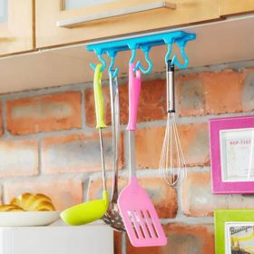 6 Hook Suction Cup Holder Towel Rack Storage Shelf Bathroom Rack Kitchen utensils storage sticky (Color: Blue)