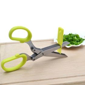 Multi-functional Stainless Steel Kitchen 5 Layers Shredded Scallion Cut Herb Spices Scissors (Color: Green, size: 19cm*7.5cm*1.7cm)