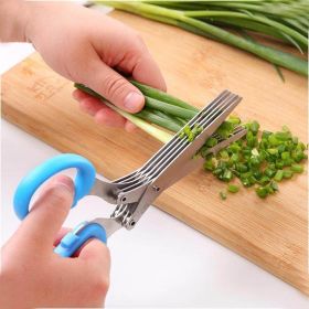 Multi-functional Stainless Steel Kitchen 5 Layers Shredded Scallion Cut Herb Spices Scissors (Color: Blue, size: 19cm*7.5cm*1.7cm)