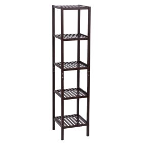 5-Tier Bamboo Shelf Free Standing Bathroom Tower Rack Corner Rack Multi-Functional Storage Organizer Unit (Color: Dark Brown)