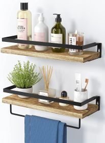 Floating bathroom shelf with towel rail;  bathroom/living/kitchen/bedroom wall shelf set of 2;  light brown;  dark brown;  black. (Color: Light Brown)