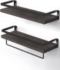 Floating bathroom shelf with towel rail;  bathroom/living/kitchen/bedroom wall shelf set of 2;  light brown;  dark brown;  black.