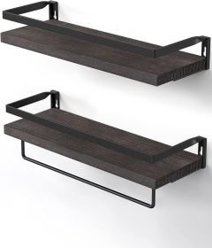 Floating bathroom shelf with towel rail;  bathroom/living/kitchen/bedroom wall shelf set of 2;  light brown;  dark brown;  black. (Color: Dark Brown)