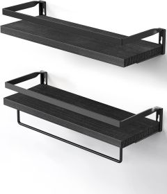 Floating bathroom shelf with towel rail;  bathroom/living/kitchen/bedroom wall shelf set of 2;  light brown;  dark brown;  black. (Color: Black)