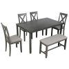 6-Piece Kitchen Dining Table Set Wooden Rectangular Dining Table, 4 Dining Chairs and Bench Family Furniture for 6 People