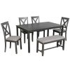 6-Piece Kitchen Dining Table Set Wooden Rectangular Dining Table, 4 Dining Chairs and Bench Family Furniture for 6 People