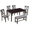 6-Piece Kitchen Dining Table Set Wooden Rectangular Dining Table, 4 Dining Chairs and Bench Family Furniture for 6 People