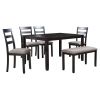 6-Piece Kitchen Simple Wooden Dining Table and Chair with Bench, Fabric Cushion