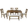 6-Piece Kitchen Dining Table Set Wooden Rectangular Dining Table, 4 Dining Chairs and Bench Family Furniture for 6 People