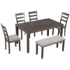 6-Piece Kitchen Simple Wooden Dining Table and Chair with Bench, Fabric Cushion