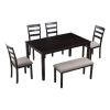 6-Piece Kitchen Simple Wooden Dining Table and Chair with Bench, Fabric Cushion